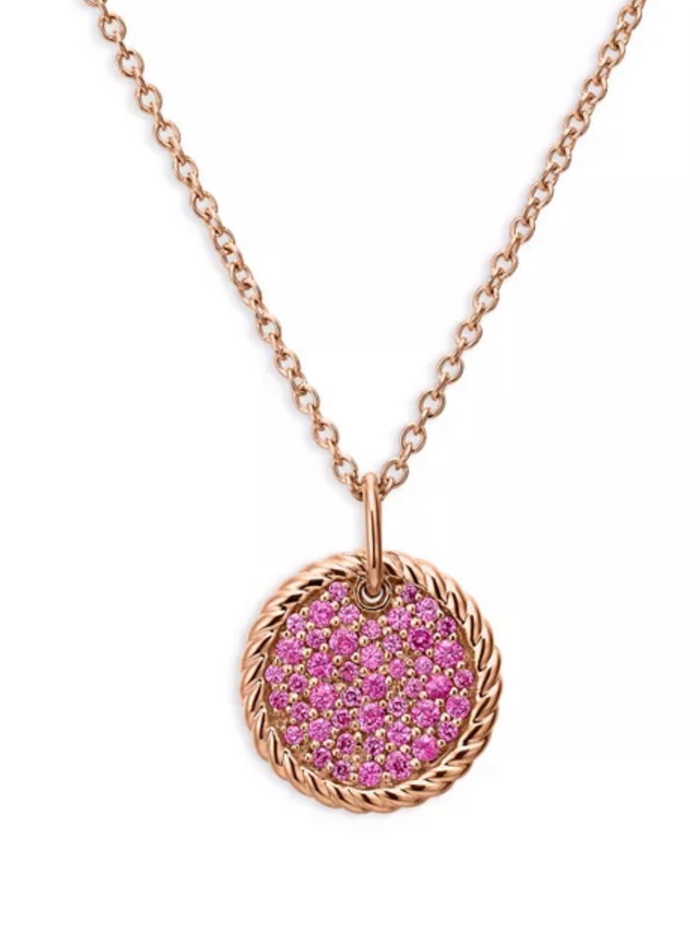 David Yurman Rose Gold Pendant Necklace with Pink Pavé Disc